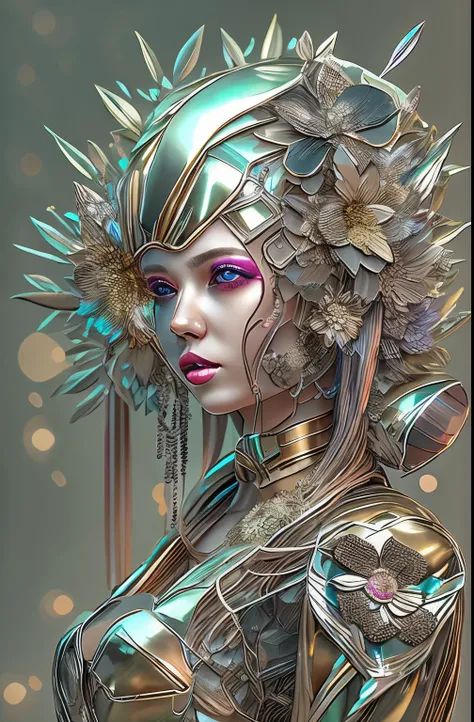 Girl decorated with metal flowers，cyber punk personage，A futuristic，metallic  luster，metalictexture，bend metal，Fe，stainless steel，platinum，silver and gold medals，