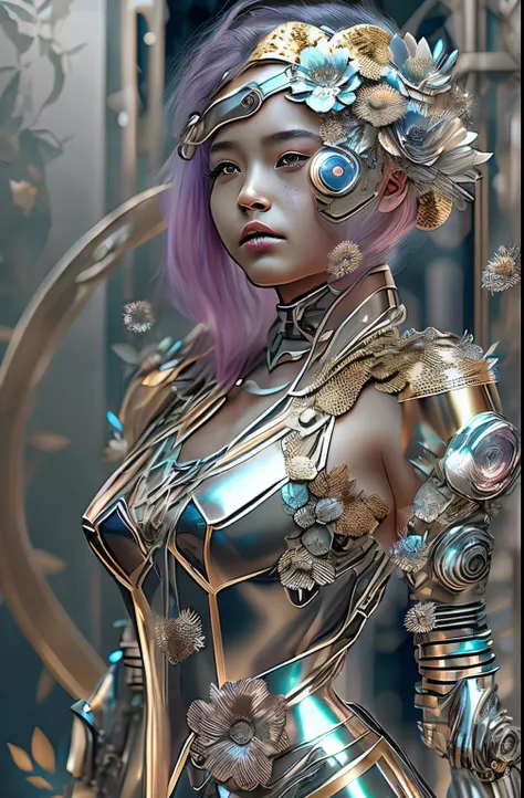 Girl decorated with metal flowers，cyber punk personage，A futuristic，metallic  luster，metalictexture，bend metal，Fe，stainless steel，platinum，silver and gold medals，