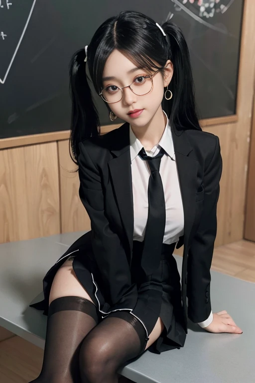 8K RAW photo, high resolution, ful body, 17 year old cool Korean, big round breasts, school uniform, tie, tie ribbon, blazer, skirt, beautiful eyes in detail, long eyelashes, beautiful double eyelids, eye shadow, slit eyes, sanpaku eyes, dark eye makeup, s...