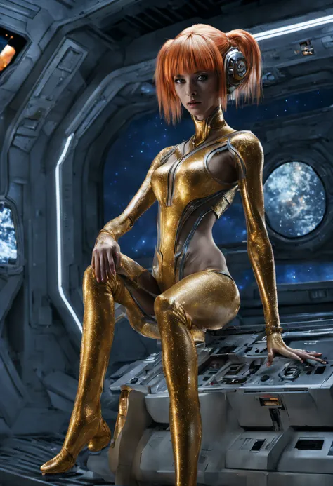 (cuerpo completo), extraterrestrial alien female similar to leeloo princess of the people of the planet mül from the film Valerian and the city of a thousand planets , cuerpo atletico y exuberante, pelirroja, ojos verdosos, vestida de traje de noche corto,...