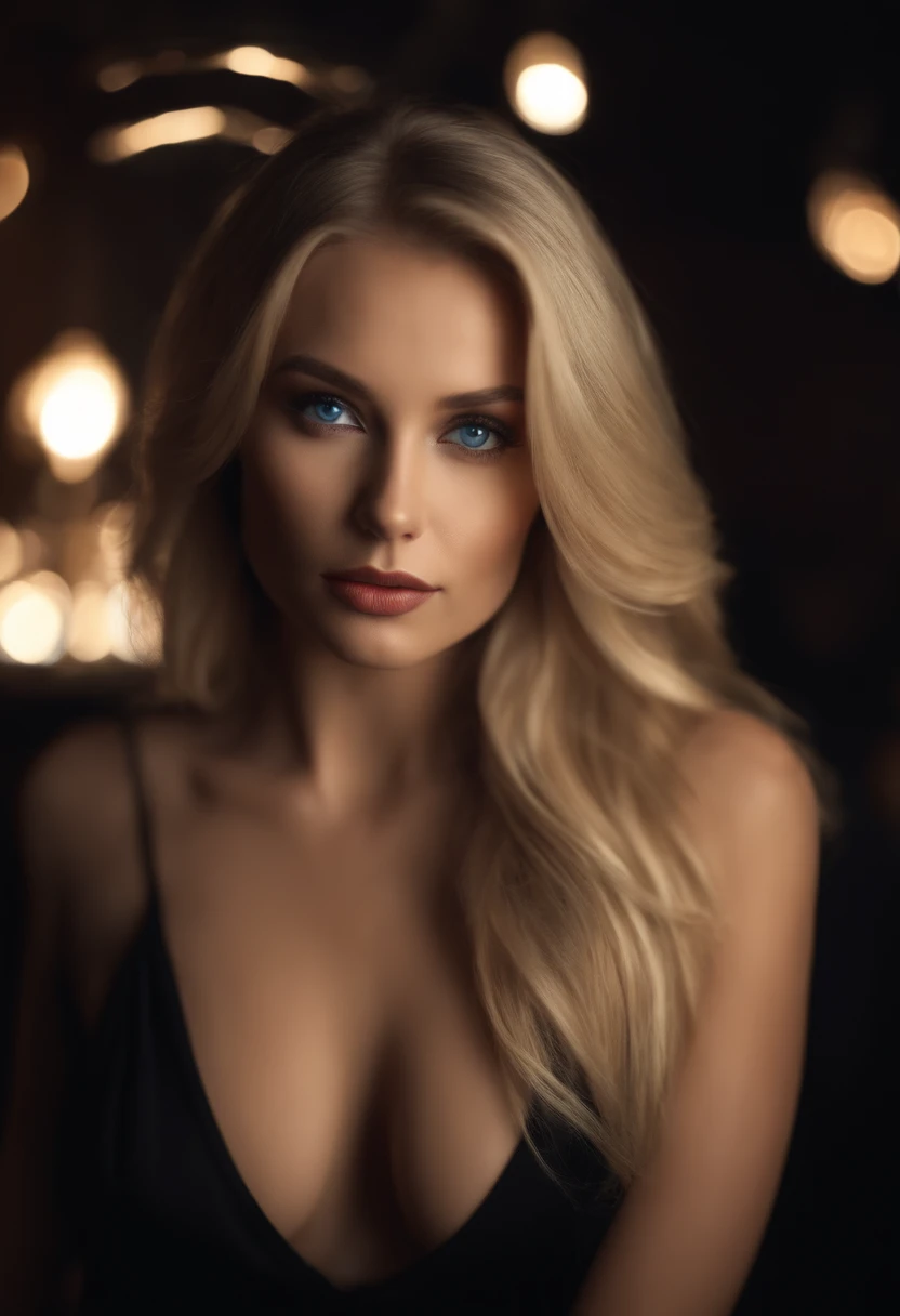 blonde sexy girl in black dress in club, ultra realistik, no make up, perfect make up, ultra detail, blue eyes, large size tits