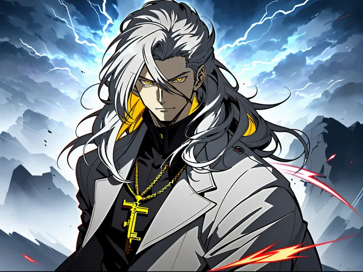 White long-haired anime character, yellow eyes before lightning，white  clothes， Detailed key animation art, Key anime art, Detailed anime character art, shadow poetry style, handsome guy in demon killer art, full art,  Very detailed official artwork, anime...