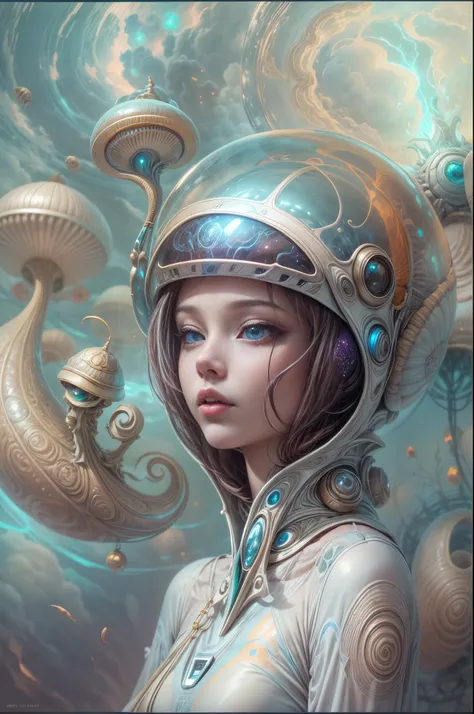 "Alien girl in a futuristic helmet, ethereal snail companion, mystic aura, otherworldly clouds, dreamlike"