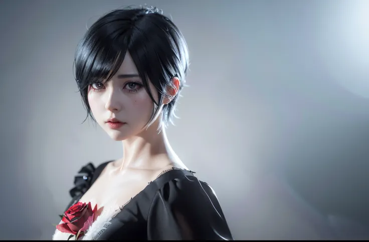 there is a woman with a black dress and a red rose on her neck, photorealistic anime girl render, sui ishida with black hair, with short hair, hyper realistic anime, 2b, 8k portrait render, 2 b, anime. soft lighting, soft portrait shot 8 k, 3 d anime reali...