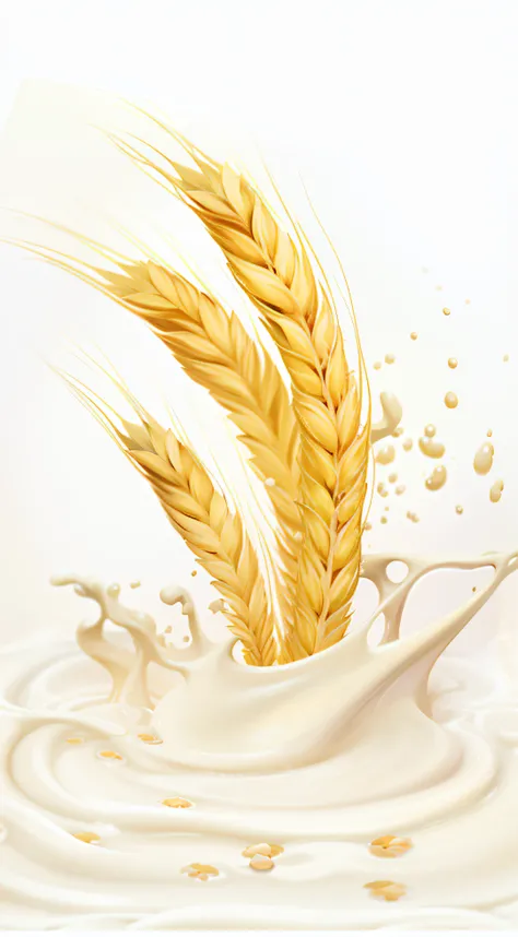 Close-up of milk splash and ears of oats, flowing milk, Cream white background, oatmeal, puddle of milk, milk dripping, Surreal background, Hyper-realistic illustration, isolated on white background, photorealistic illustration