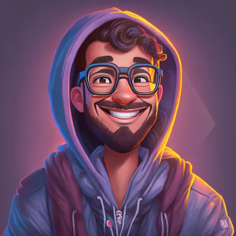 create a high-quality 2d pixar disney cartoon portrait of a 1man wearing glasses and a hoodie, showing a cheerful smile. this po...