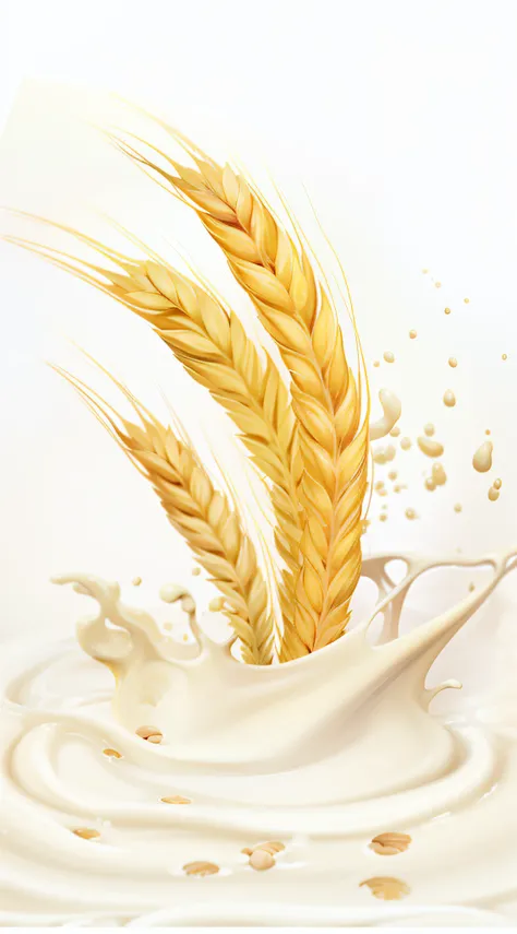 Close-up of milk splash and ears of oats, flowing milk, Cream white background, oatmeal, puddle of milk, milk dripping, Surreal background, Hyper-realistic illustration, isolated on white background, photorealistic illustration