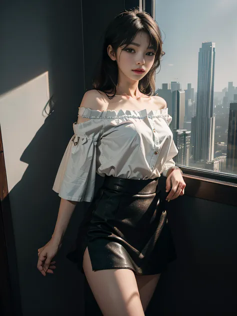 top-quality、​masterpiece、超A high resolution、(Photorealsitic:1.4)、Raw photo、女の子1人、off shoulder black tight skirt、(girl standing by the window in the office)、(Outside the window, a skyscraper is hazy)