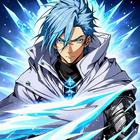 Anime characters with blue hair and blue eyes in snowy scenes, Ice Mage,  Tall anime guy with blue eyes, freezing blue skin, Key anime art,, male anime character, Ice crystal armor, Detailed key anime art, full portrait of magical knight, Blue and ice silv...