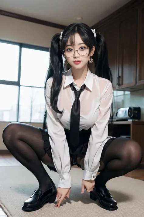 8K RAW photo, high resolution, ful body, 17 year old cool Korean, big round breasts, school uniform, tie, tie ribbon, blazer, skirt, beautiful eyes in detail, long eyelashes, beautiful double eyelids, eye shadow, slit eyes, sanpaku eyes, dark eye makeup, s...