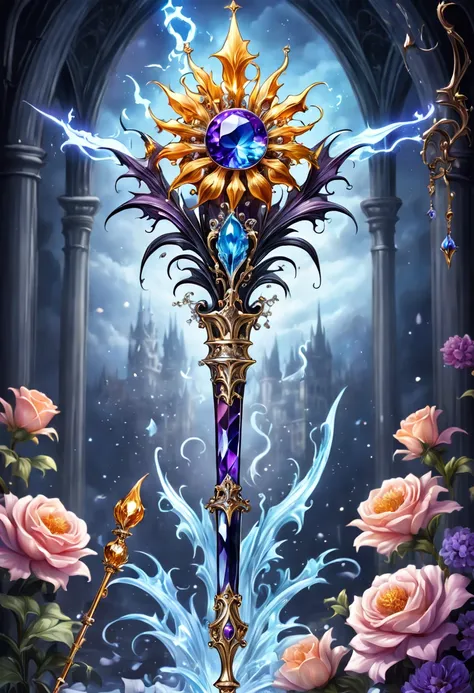 (8K, 16k, Award-winning, Best quality at best, Highest high resolution, super detailing, high detal, Anatomically correct, tmasterpiece, Breathtakingly beautiful), flower scepter,There is a flower on the top of the scepter，Scepter made of crystal and white...