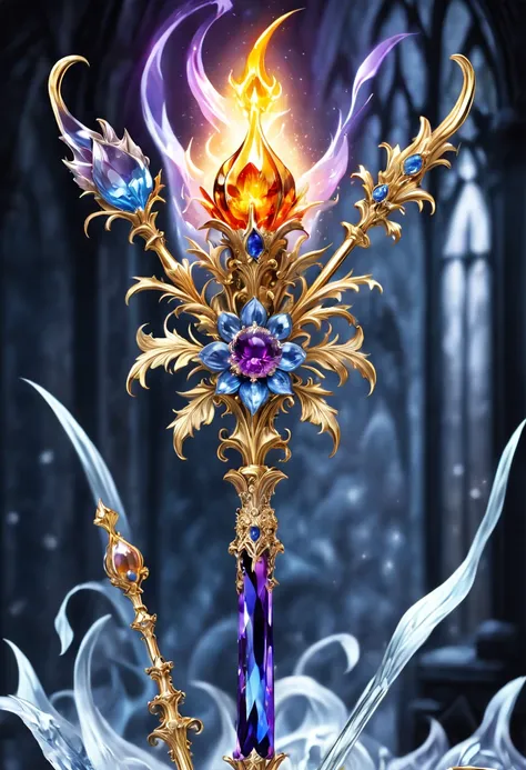 (8K, 16k, Award-winning, Best quality at best, Highest high resolution, super detailing, high detal, Anatomically correct, tmasterpiece, Breathtakingly beautiful), flower scepter,There is a flower on the top of the scepter，Scepter made of crystal and white...