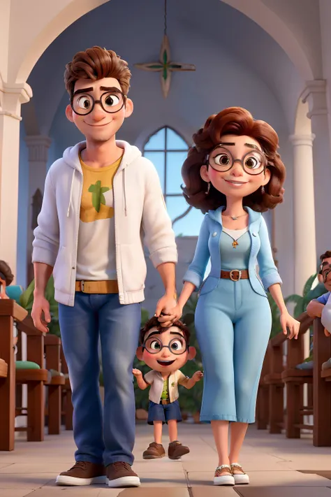 Casal de namorados na igreja homem alto branco, wearing goggles, cabelos curtos, mulher morena baixa de cabelo cacheado inspirado na Disney pixar