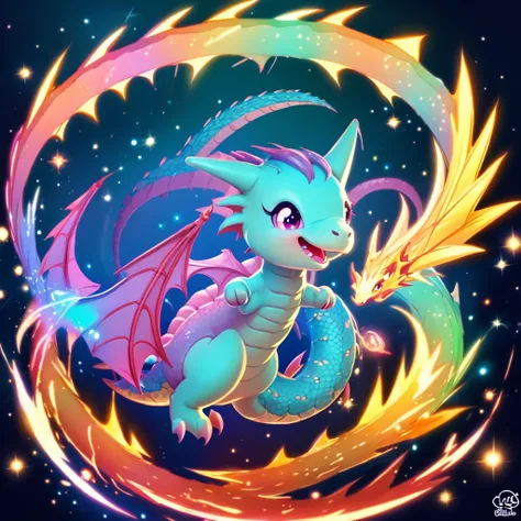 the cutest dragon in the world, hearts, love, happy, sparkles, glowing, digital art, kawaii, anime style