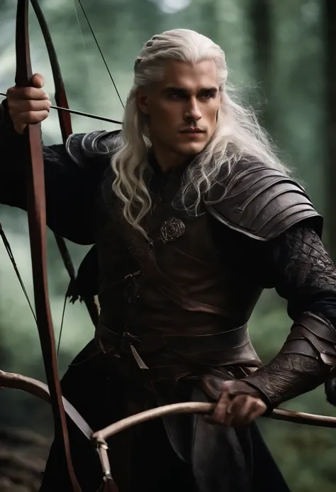 Aemond Targaryen standing at the edge of a forest, holding a bow and arrow, with Vhagar perched on a tree branch behind him,Fire and Blood,Physically, Aemond possess the classic Targaryen features, with long platinum silver hair and a piercing purple eye. ...