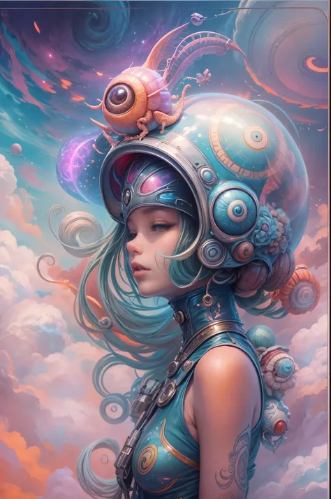 "Alien girl in a futuristic helmet, ethereal snail companion, mystic aura, otherworldly clouds, dreamlike,Colorful"