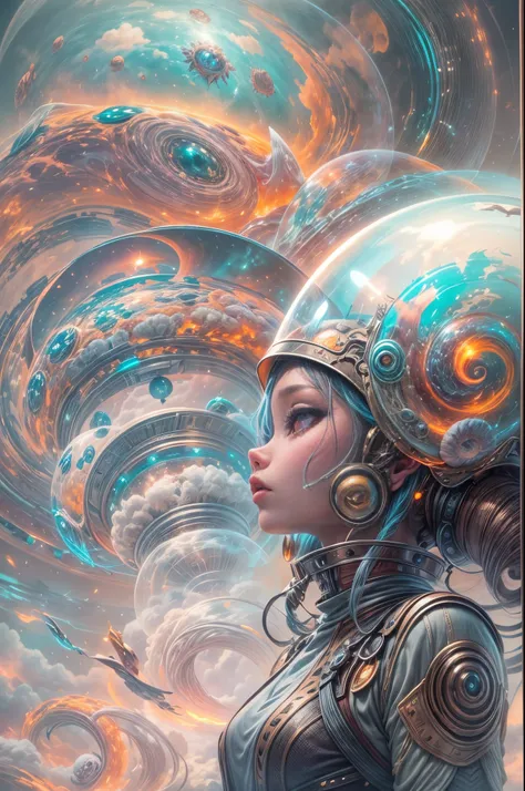 "Alien girl in a futuristic helmet, ethereal snail companion, mystic aura, otherworldly clouds, dreamlike,Colorful"