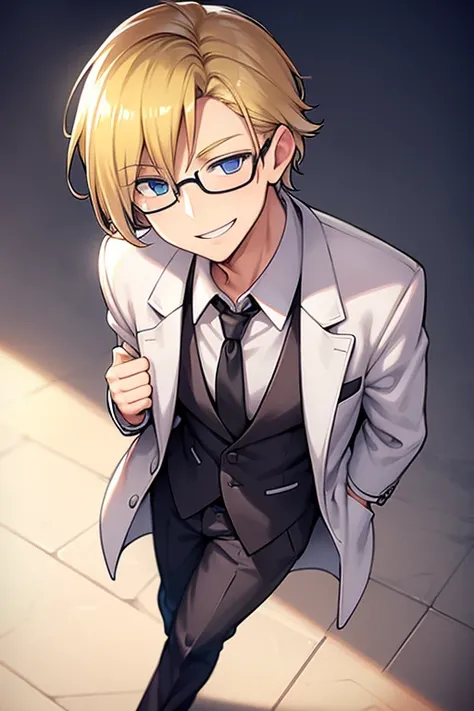 male, blonde hair, blue eyes, black dress shirt, burgundy jacket, white pants, black shoes, glasses, smiling