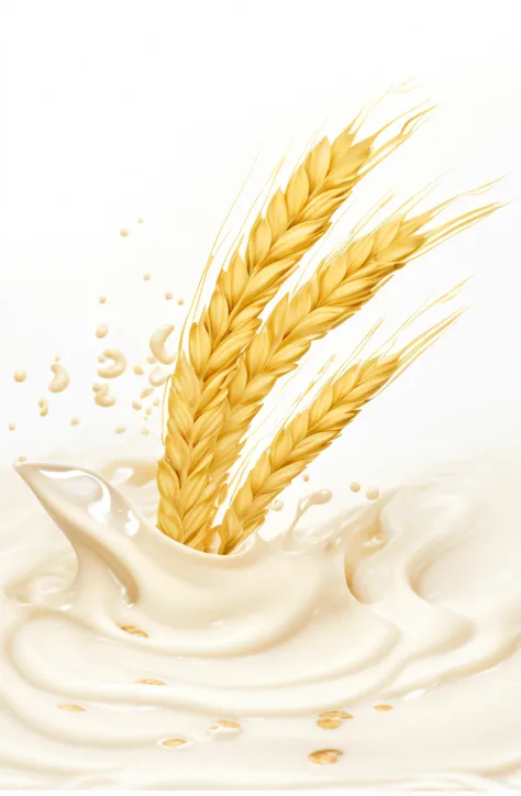 Close-up of milk splash and ears of oats, flowing milk, Cream white background, oatmeal, puddle of milk, milk dripping, Surreal background, Hyper-realistic illustration, isolated on white background, photorealistic illustration