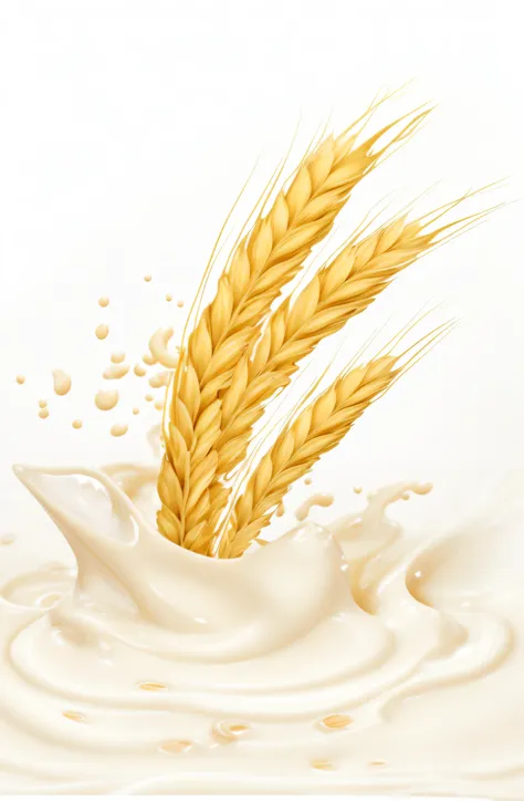 Close-up of milk splash and ears of oats, flowing milk, Cream white background, oatmeal, puddle of milk, milk dripping, Surreal background, Hyper-realistic illustration, isolated on white background, photorealistic illustration