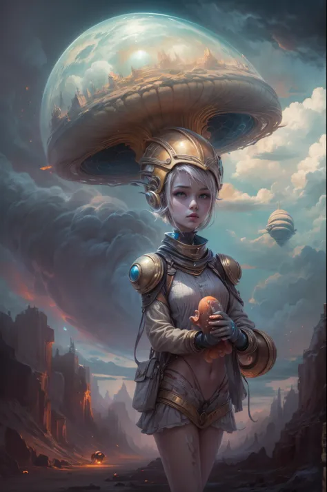 "Painterly depiction of an alien girl, her helmet exuding an otherworldly glow, a mystical snail companion, and dreamy clouds, a masterpiece of the fantastical."