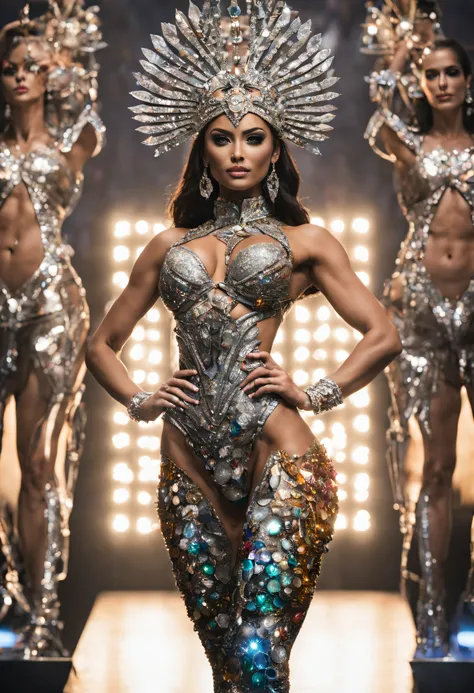 (cuerpo completo), hembra alienigena musculada culturista, bellisima, en bikini plateado con incrustaciones de piedras preciosas de colores, en plena exibicion de miss universo culturista, in the facilities of my universe with an ultra-modern designed stag...