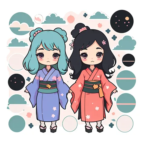 1 sticker, sticker, nikkaze, (cute girl), (gorgeous kimono), (gorgeous hair accessory), (Japanese traditional hairstyle), cherry blossoms, clouds, behind is a huge round moon, stars, white background, no background, simple background, minimal, cute, tiny, ...