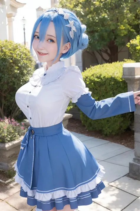 blue hair, rem (re:zero), [smile], blush, castle,, masterpiece, best quality, perfect lighting, 1girl, skirt, medium breasts,