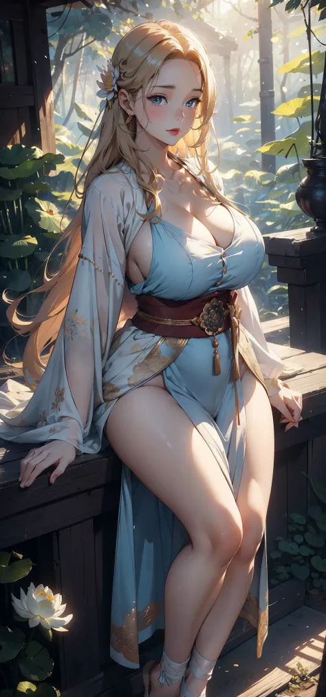 1female，45 yers old，Married woman，熟妇，mature，a little bit chubby，very Bigger breasts，big chest and thin waist，long leges， 独奏，（Background with：at a forest，lotus flower，ponds） She has long blonde hair，bobo head，，seen from the front， Stand deep in the forest， ...