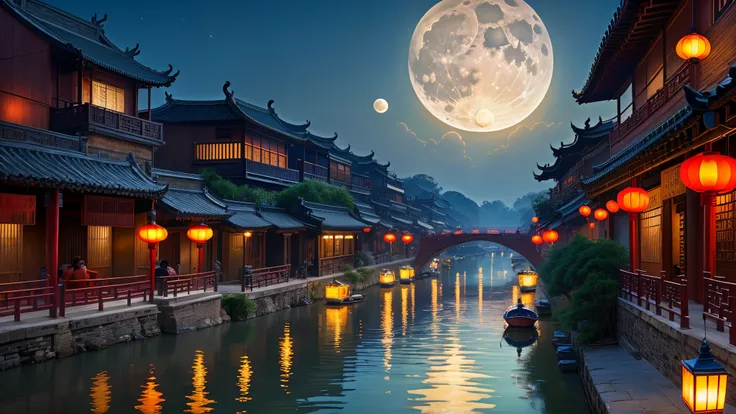 River landscape with full moon in the sky, Dream China Town, zhouzhuang ancient town, Celebrating Chinese New Year in Shanghai, Hangzhou, guangjian, author：Shi Rui, Floating in the moonlight at night, When the moon is full, floating chinese lampoons, stunn...