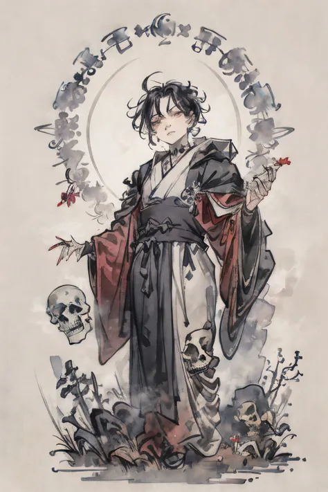 masutepiece, Best Quality, High resolution, full body, Details, detail hands, Detail fingers, Detail Face, detail legs, 1man, solo, wizard, watercolor paiting, in graveyard, skeltons, false face, gray robe, gray eyes, skeleton, skull, bone, black hair, ama...