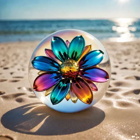 （best qualtiy，Foto realism：1.37），A vibrant metal flower，Metal Materials，shiny petals，Sparkling reflective surface，metallic  luster，(in clear glass ball)，hues and tints，Meticulous attention to detail，Rich and vibrant colors，Light and shadow games，Subtle gra...