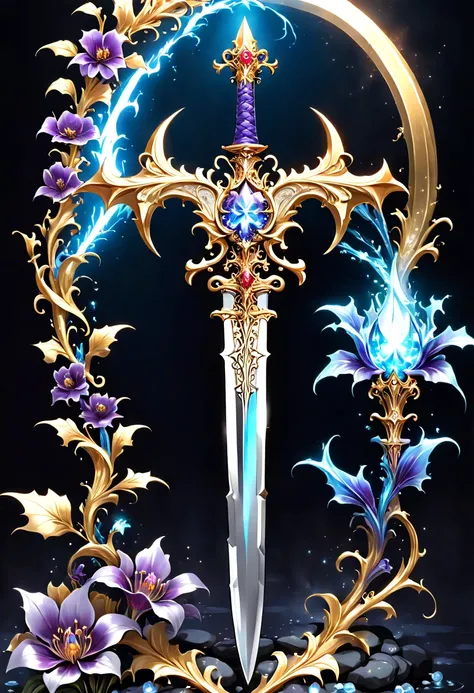 (8K, 16k, Award-winning, Best quality, Highest resolution, super detailing, high detal, Anatomically correct, tmasterpiece, hori&#39;tas&#39;Its breathtakingly beautiful), Flowers and vines surround magic sword,There is a flower on the top of the sword，Swo...