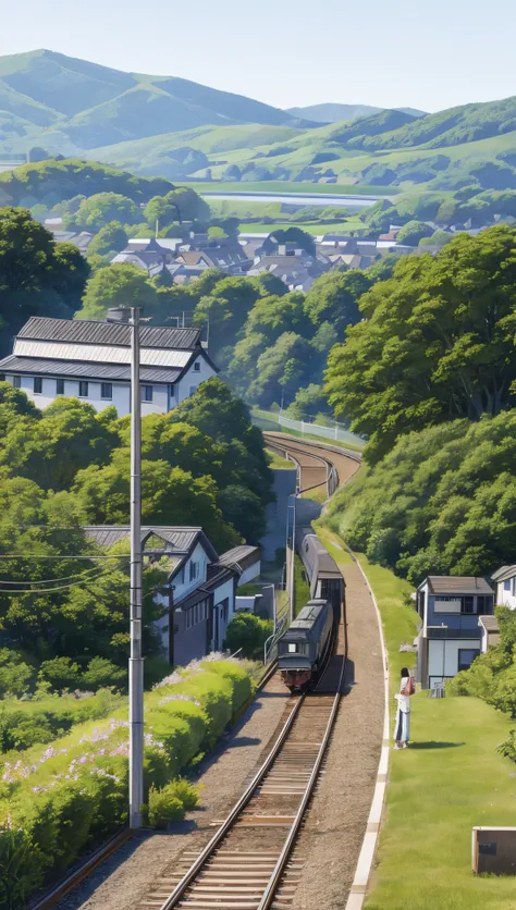 The scenery is a rural town、With a train crossing in the background、Back view of a student girl waiting