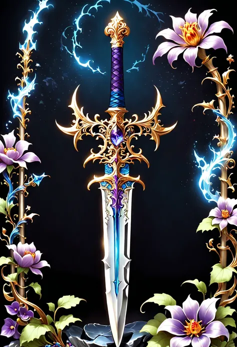 (8K, 16k, Award-winning, Best quality, Highest resolution, super detailing, high detal, Anatomically correct, tmasterpiece, hori&#39;hori&#39;tas&#39;Its breathtakingly beautiful), Flowers and vines surround the magic sword,There is a flower on the top of ...