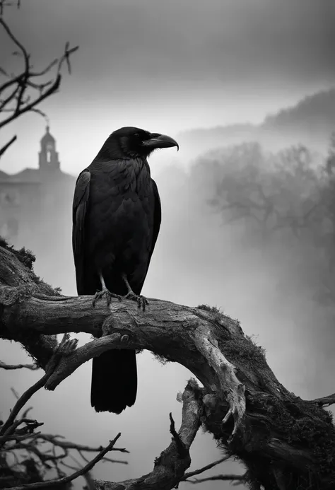 An eerie black and white photo of a lone raven perched on a decaying tree branch, with fog rolling in the background.,Life is my canvas,Mark is a tall man with short brown hair, glasses, a short beard, wearing a black suit jacket