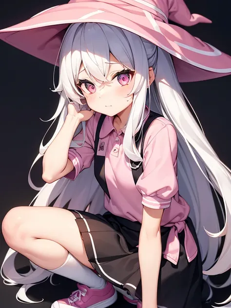 The woman had long white hair down to her waist, wore a cute pink hat, wore pink casual clothes and wore a fairly small skirt with black socks covering her legs up to her thighs. in a position wearing witch clothes