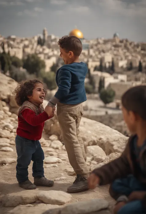 1 Israeli child plays with a 1 Palestinian child and they laugh happily against the Jerusalem background