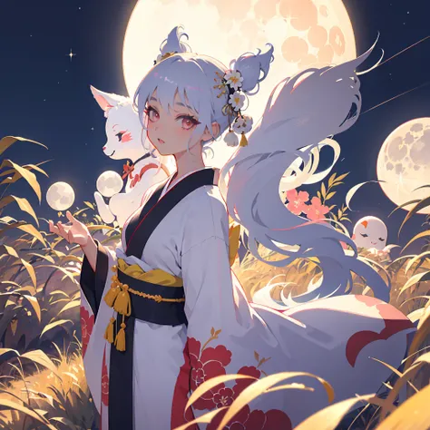 1 adesivo, etiqueta, Nikkaze, (menina bonito), (Kimono lindo), (gorgeous hair accessory), (Japanese Traditional Hairstyle), Cereja, nuvem, behind is a huge round moon, Estrelas, fundo branco, sem antecedentes, fundo simples, minimum, fofo, tiny, cor pastel...