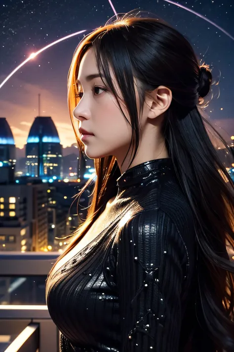 Best Quality, masutepiece, Extremely detailed, Detailed background, Anime, 1girl in, 40 year old, Short Girl, scientific fiction, Science fiction, Outdoors, Night, Starry sky, greenhouse, megastructure, Biodome, landscape, Scenery, Horizon, On the rooftop,...