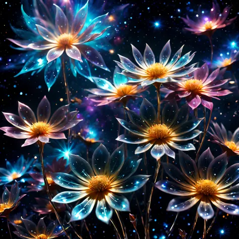 (best quality,4k,8k,highres,masterpiece:1.2),ultra-detailed,(realistic,photorealistic,photo-realistic:1.37),A vibrant metal flowers close-up photograph,double exposure,floating in outer space,nebula,galaxies,(abstract,dreamlike:surreal:1.2) scenery,cosmic ...