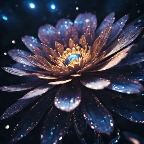 A vibrant metal flower close-up photo，Doubleexposure，Floating in outer space，Starcloud，galaxias，（abstracted，dream magical：hyper realisitc：1.2）scenecy，universe background，with light glowing，Vivid colors，Sublime beauty，Ethereal atmosphere，Metal Textures，Shin...