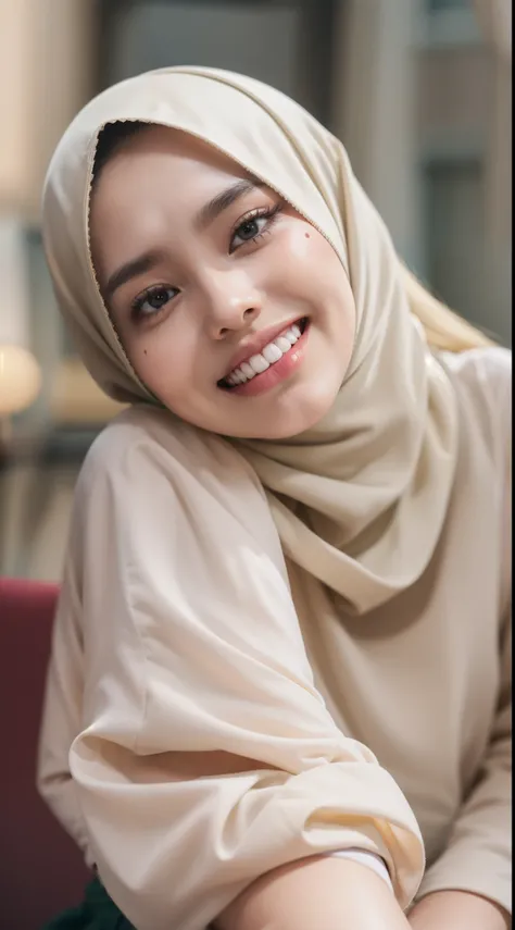 Malay girl in hijab wear big oversized loose blouse and high waist loose cotton pants, pastel color, seating, wear back pack, front view, detail skin, detail skin texture, mole below eyes, small breast, big hip, big waist, big thigh, slim abs, beautiful bo...