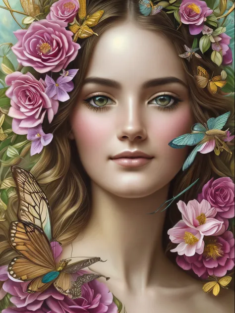 A botanical masterpiece in the style of Marco Mazzoni, detailed, hyper-realistic, elemets of symbolism and surrealism, intricate design, exotic and insanely beautiful woman, flowers, birds, diamonds, butterflies, pastel, golden details, looking at the view...