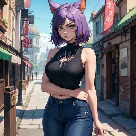 1 girl, Miqote Final Fantasy 14, wears black jeans, black top, Arms crossed, Dark Hair with Purple Streaks , Green eyes, Tail, black complexion, cats tail;  portrait, tribal mark, exterior scene,