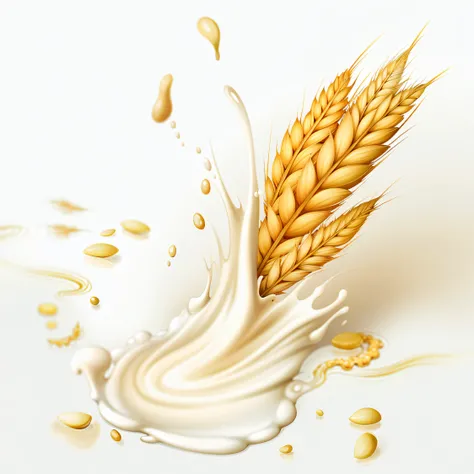 Araf milk and oatmeal splashes on white background, granola, flowing milk,  Super realistic food pictures, puddle of milk, Award-winning surrealism