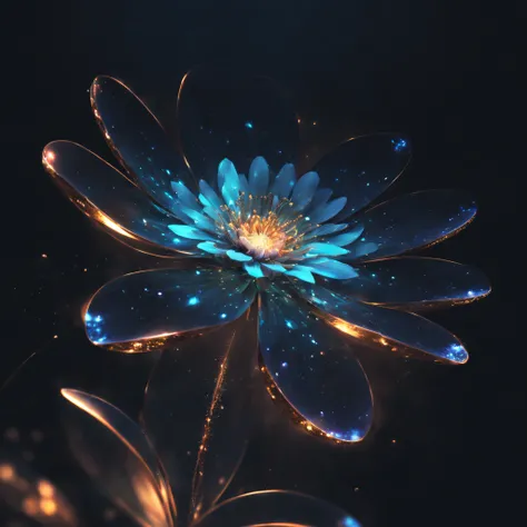 A vibrant metal flower close-up photo，Doubleexposure，Floating in outer space，Starcloud，galaxias，（abstracted，dream magical：hyper realisitc：1.2）scenecy，universe background，with light glowing，Vivid colors，Sublime beauty，Ethereal atmosphere，Metal Textures，Shin...