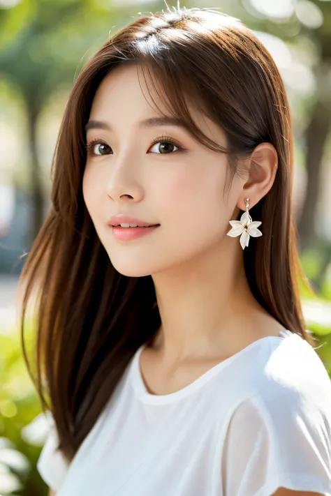 Woman with good style. Asian woman. Create an image of a young woman with a soft, youthful appearance. She has large, expressive eyes with a subtle touch of makeup enhancing her natural beauty. Her skin has a radiant glow, and her cheeks are gently blushed...