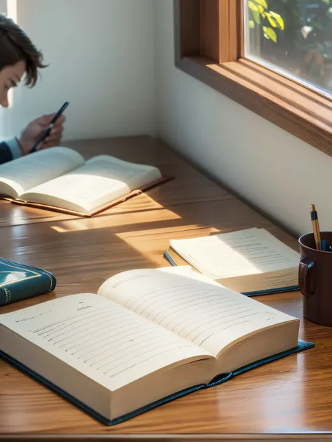 In a quiet room, a diligent student sits at a sturdy wooden table, engrossed in their studies. The tables surface is smooth, bearing the marks of time and use, while the soft ambient light from a nearby window gently illuminates the scene. The student is f...