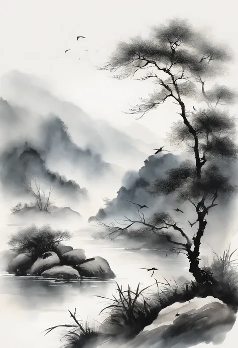 ink and watercolor painting，Draw on rice paper，Use thick, light inks to create shading variations and layers，Choose the right ink color，Such as deep black、Thick gray、Light coffee, etc，Express different situations and atmospheres，Control the gradient and tr...